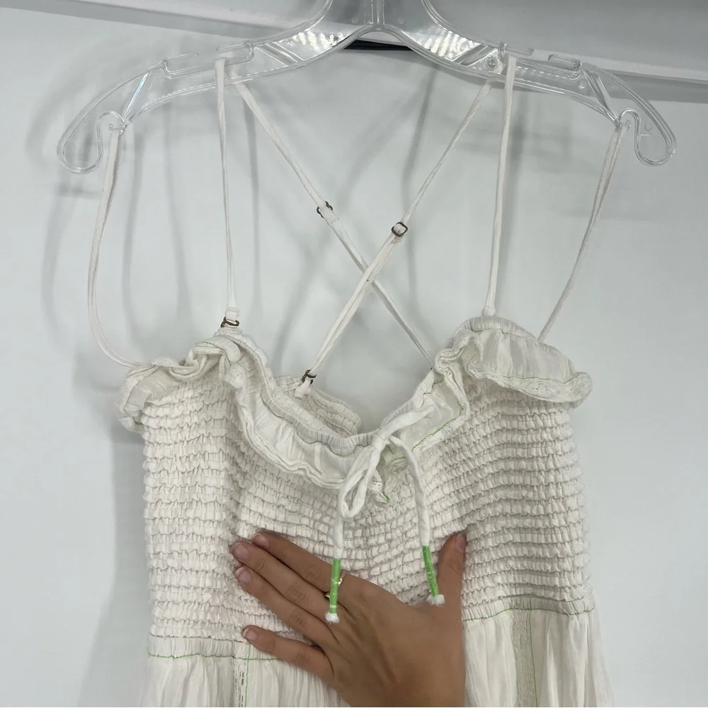 Free People Hi Hello White Floral Embroidered Lace Smocked Bohemian Midi Dress L